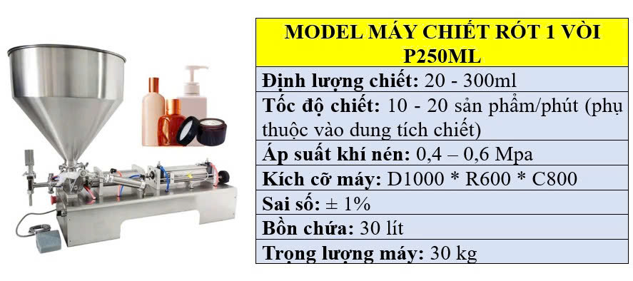 Thông số kỹ thuật của máy chiết rót 1 vòi