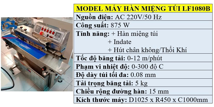 Thông số kỹ thuật của máy hàn miệng túi liên tục