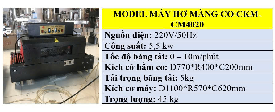 Thông số kỹ thuật của máy co màng 4020