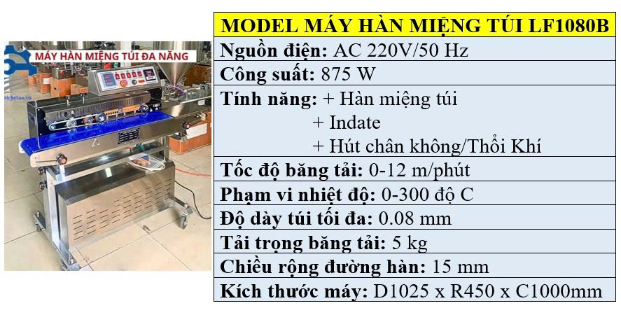 Thông số kỹ thuật của máy hàn miệng túi có thổi khí