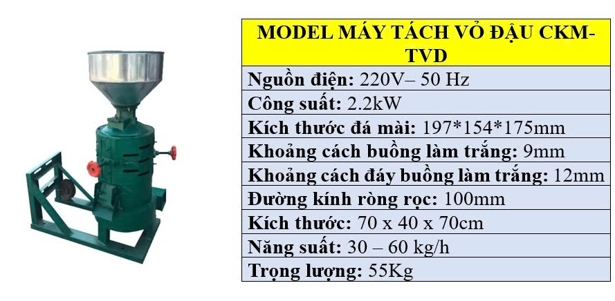 Thông số kỹ thuật của máy tách vỏ đậu nành