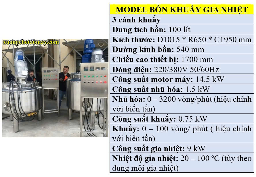 Thông số kỹ thuật của bồn khuấy gia nhiệt