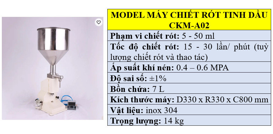 Thông số kỹ thuật máy chiết rót tinh dầu